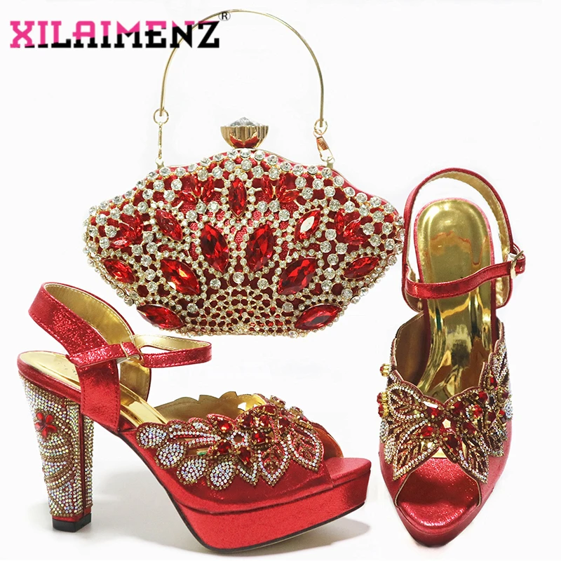 

High Quality Peep Toe Pumps Sexy Italian Design Italian Women Shoes and Bag Set in Red Color for Christmas Party