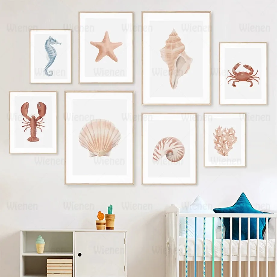 

Conch Shell Coral Lobster Crab Starfish Hippo Wall Art Canvas Painting Nordic Poster and Print The Wall Pictures Kids Room Decor