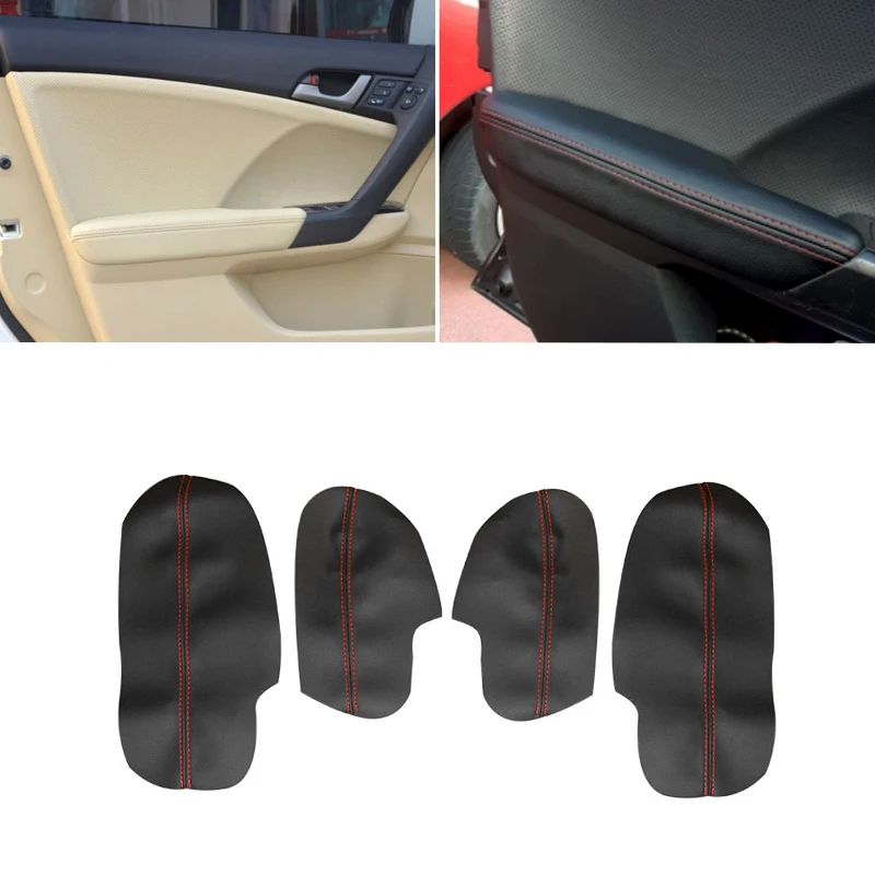 For Honda Accord 2009 4pcs Black with red line Microfiber Leather Car Interior Door Armrest Panel Cover Replacement Sticker Trim