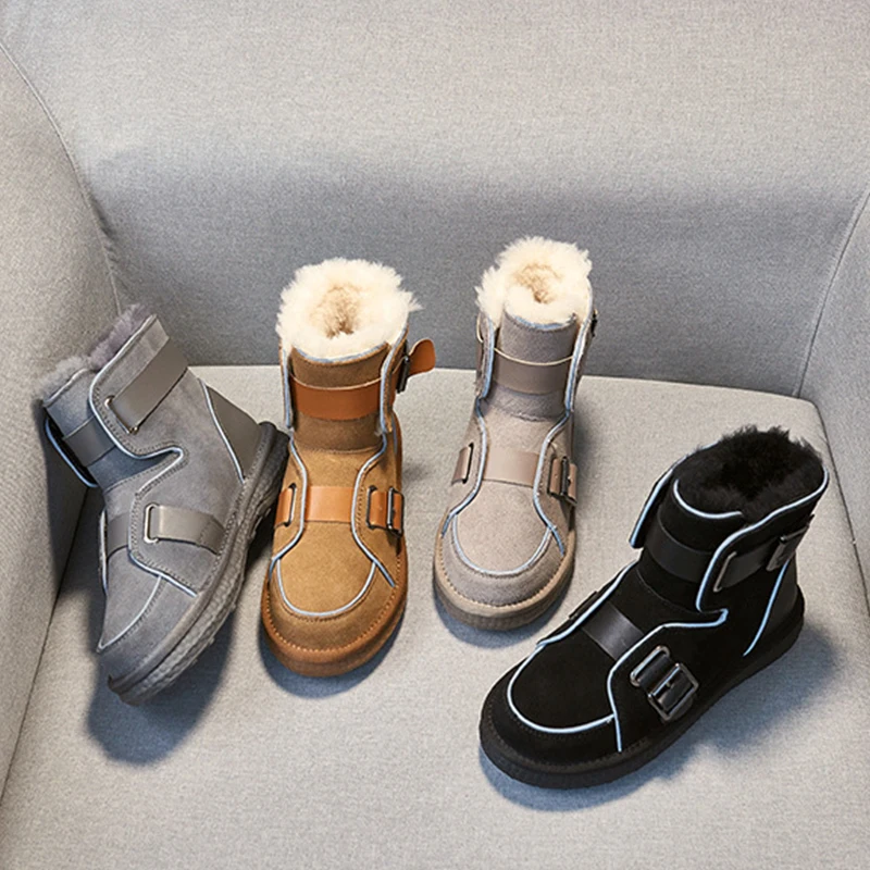 Women's Wool and Velvet Snow Boots, Warm Women's Short Boots Frosted Leather Night Reflective Cotton Shoes сапоги женские