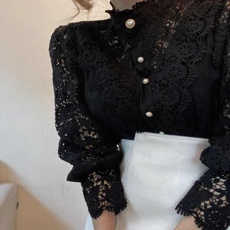 spring hollow out lace shirt women blusas mujer de moda 2021 office lady flower blouse stand collar button female clothing 12419 free global shipping