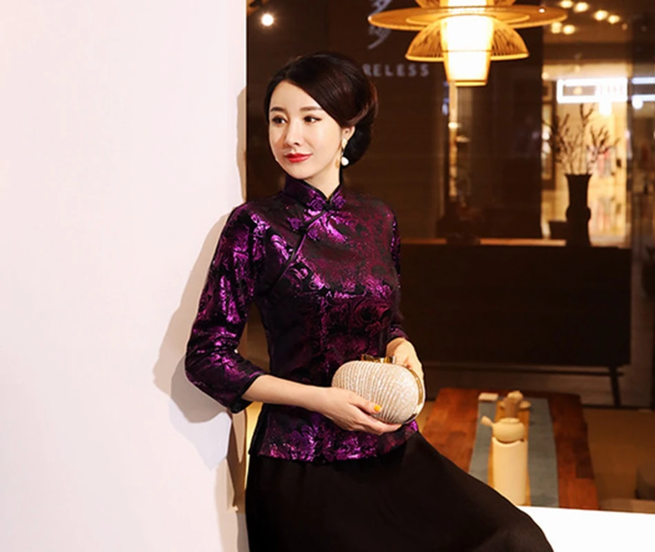 Китайский традиционный стиль осень зима бархат cheongsam женский короткий параграф семь точек рукав принт Тан костюм рубашка