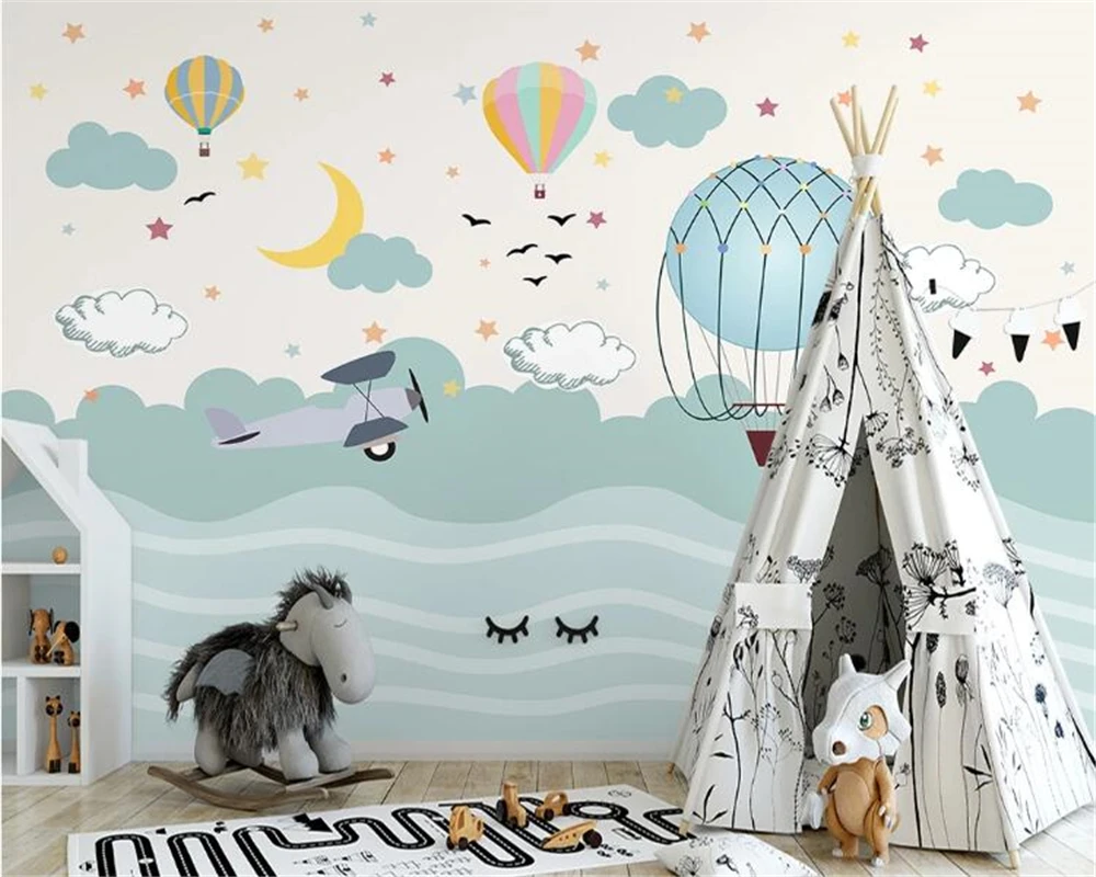 Custom wallpaper photo Nordic hand-painted cartoon hot air balloon starry sky children's room background wall mural 3d | Обустройство