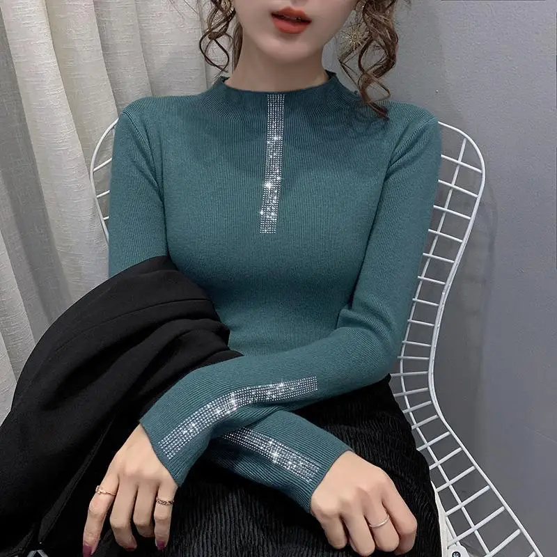

Woman Sweaters Turtleneck Sweater Women's Underwear Fall Winter Fashion Rhinestone Pullover Sweater