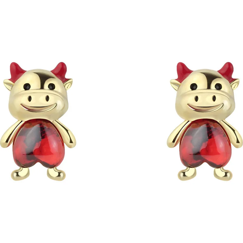 

Cute Korean Red Enamel Cattle Bull Earrings for Women Mujer Gold Color Metal Animal Cow Statement Dangle Earrings Oorbellen