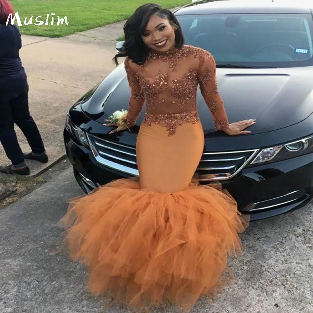 Preise Schwarz Mädchen Orange Abendkleid Langarm Meerjungfrau Prom Kleider Mit Perlen Spitze Plus Größe Sehen Durch Top Frauen Formale Kleid