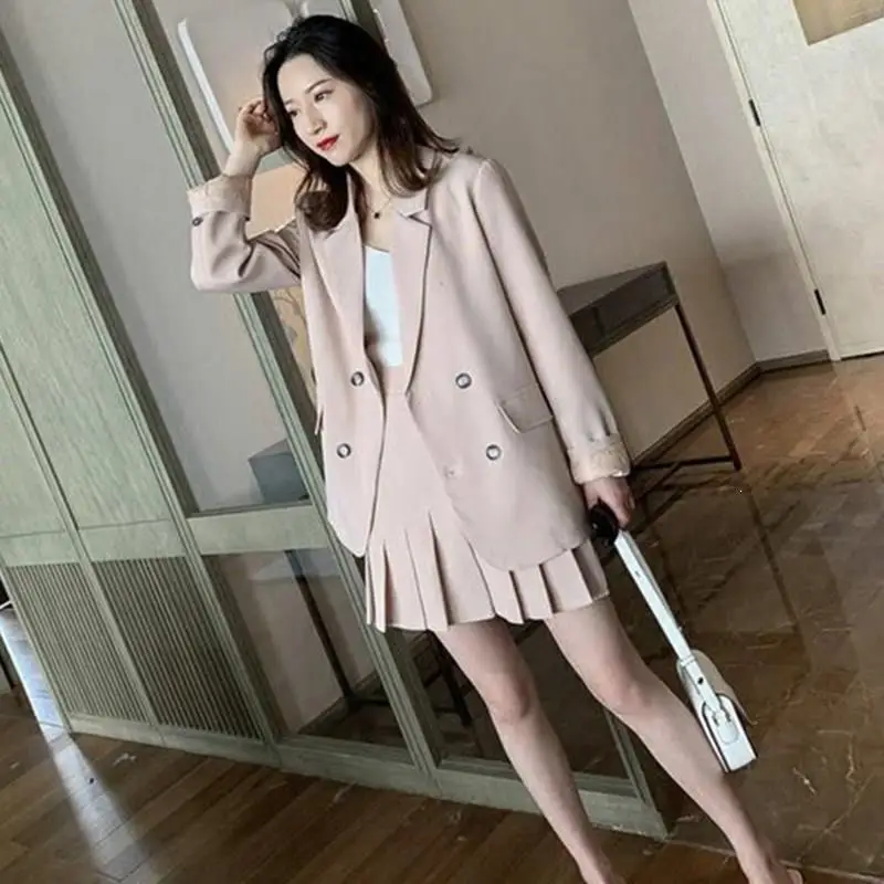 

Luck A spring Women Pink Office Blazer Top Pleated Skirt Suits casual Work Mini Skirt Sets Sweet 2 Pieces Female Suits