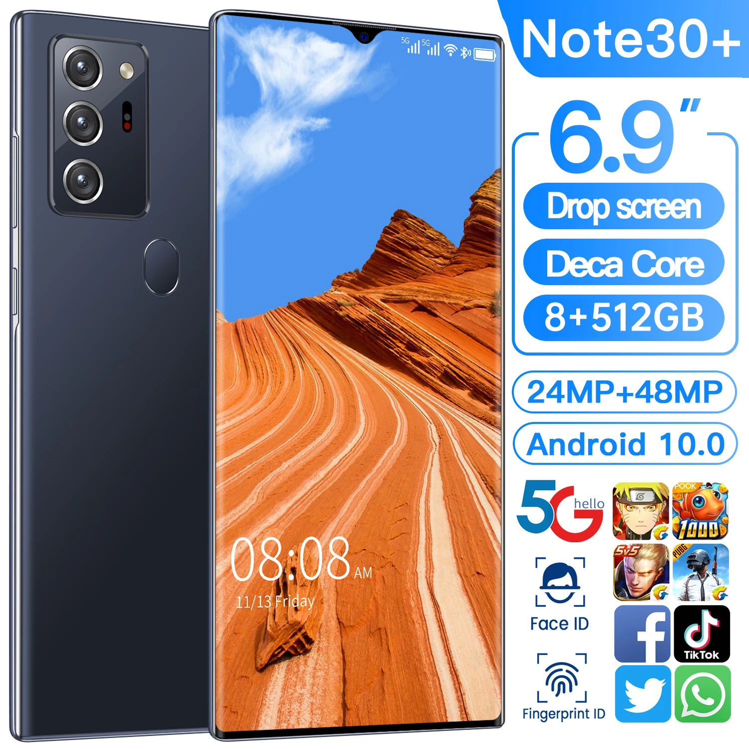 

Hot Sale Global Note30+ 6.9 Inch HD SmartPhones 8 512GB Android 10 6000mAh 5G Face Fingerprint Unlock Telefone Inteligente 2021