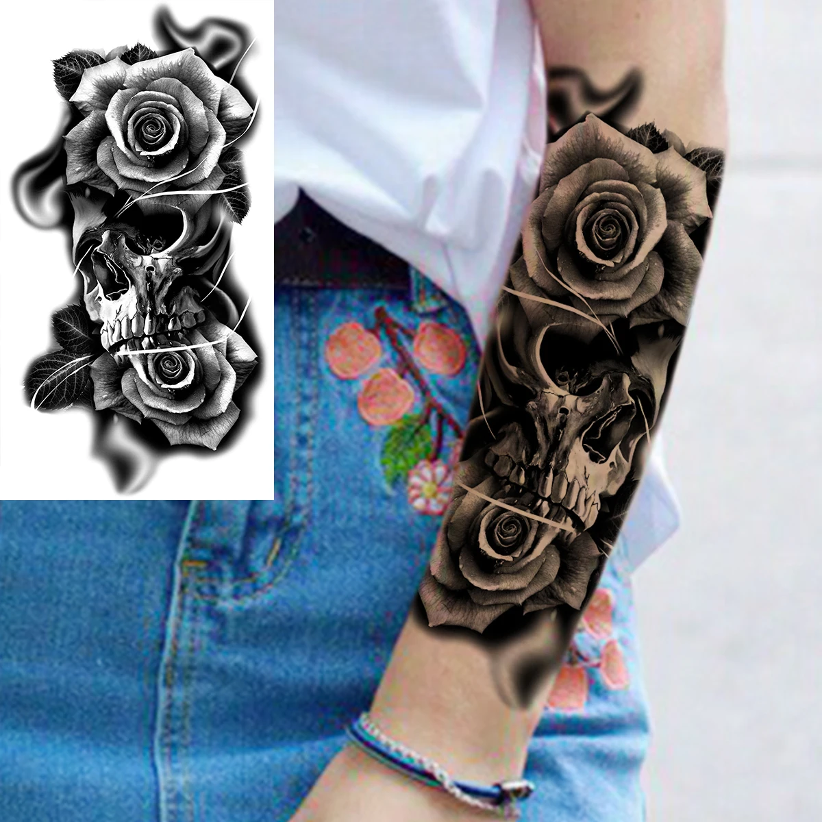 Временные татуировки для мужчин и женщин 3D Черный череп скелет цветок волк Лев
