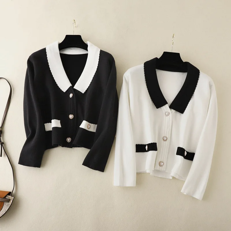 

Женский однотонный вязаный кардиган с кукольным воротником, Элегантный Модный темпераментный кардиган с V-образным вырезом и длинными рука...