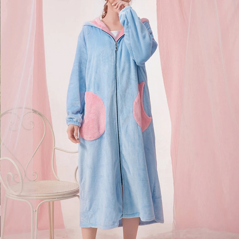 Зимний фланелевый Халат женская теплая Пижама с капюшоном и карманом платье на