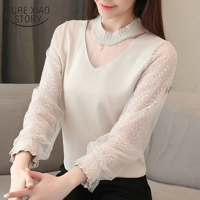 

Autumn New Chiffon Blouse Long Sleeve Women Tops and Blouses Lace Bottom Women Clothes Sexy Mesh Lace Women Shirts Clothes 10545