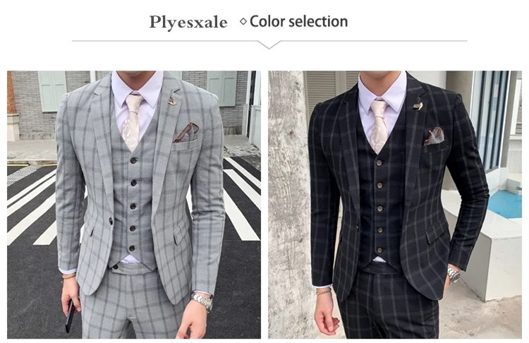 Элегантный Черный, серый цвет Клетчатый костюм «Человек Осень Slim Fit Мужские свадебные костюмы костюм 3 предмета Homme костюмы для торжественных случаев для Для мужчин Q176