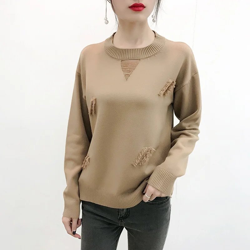 Модные свободные вязаные свитера с круглым вырезом и кисточками для женщин 2018