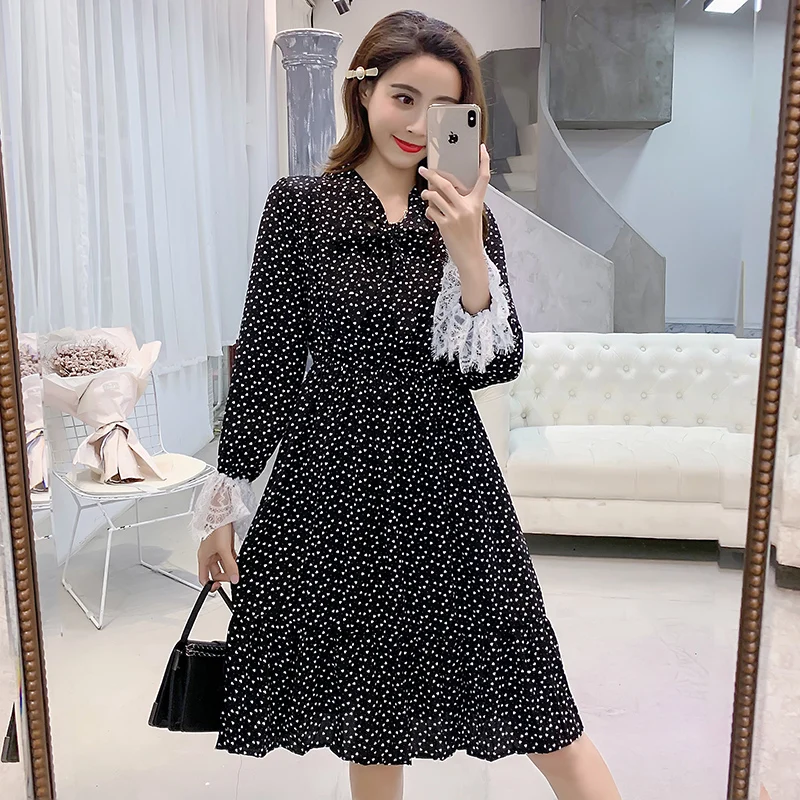 Винтажное длинное женское платье в горошек весенние шифоновые платья белого и