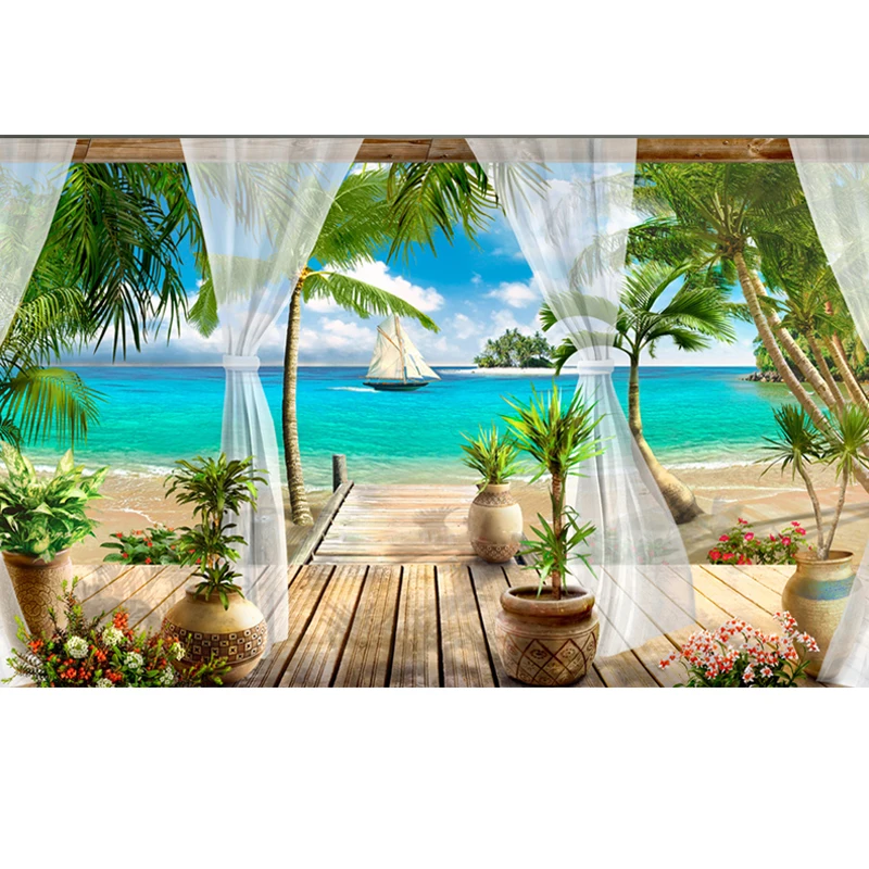 Пользовательские 3D фото обои балкон песчаный пляж вид на море гостиная диван
