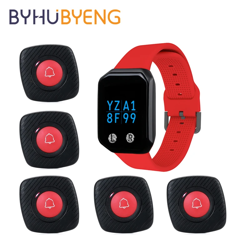 

BYHUBYENG Wireless Call Waterproof Watch Buttons Set Caregiver Pager Waiter Calling Pager System Wrist Buzzer for Restaurant