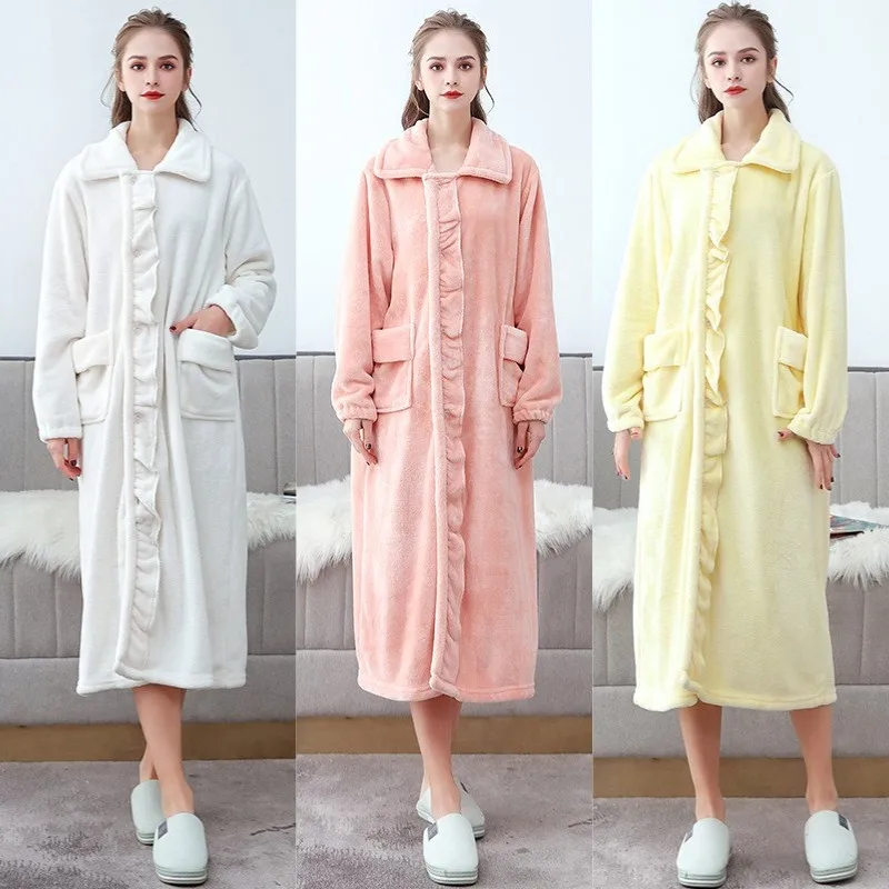

Super Long Nightgown Thick Flannel Button Nightdress Autumn Winter Coral Fleece Cardigan Bathrobe Couple Pink Lounge Negligee
