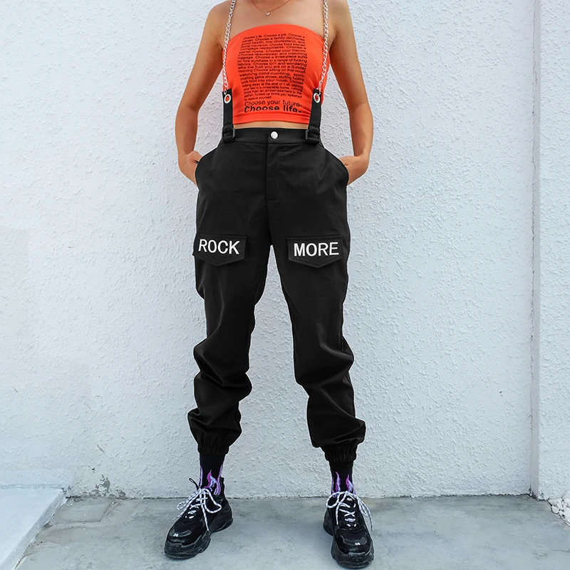 

2020 Hip Hop Chains Patchwork Letter Embroidery Pants Women Elastic High Waist Black Track Joggers Capris Trousers Female