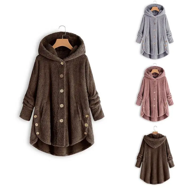 

Fluffy Button Hoodies Women Sweatshirt Jacket Button Coat Solid Tops Hooded Pullover Loose Blouse Plus Size Warm Thick Top