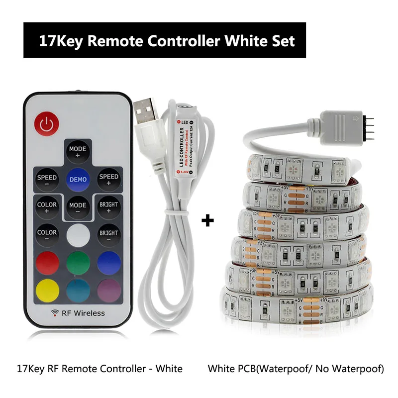USB Светодиодные ленты 5050 RGB 60leds/M с 17Key rf контроллера 50 см/1 м/2 м комплект - Испускаемый цвет: 17Key White Set