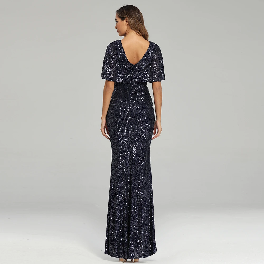 Вечернее платье с блестками и круглым вырезом женское официальное V образным