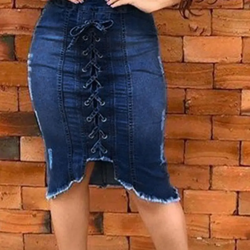 Женские джинсовые юбки карандаш с повязкой спереди модные облегающие со