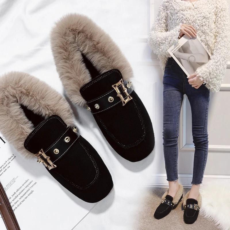 Женские плюшевые лоферы на плоской подошве Повседневные слипоны с квадратным