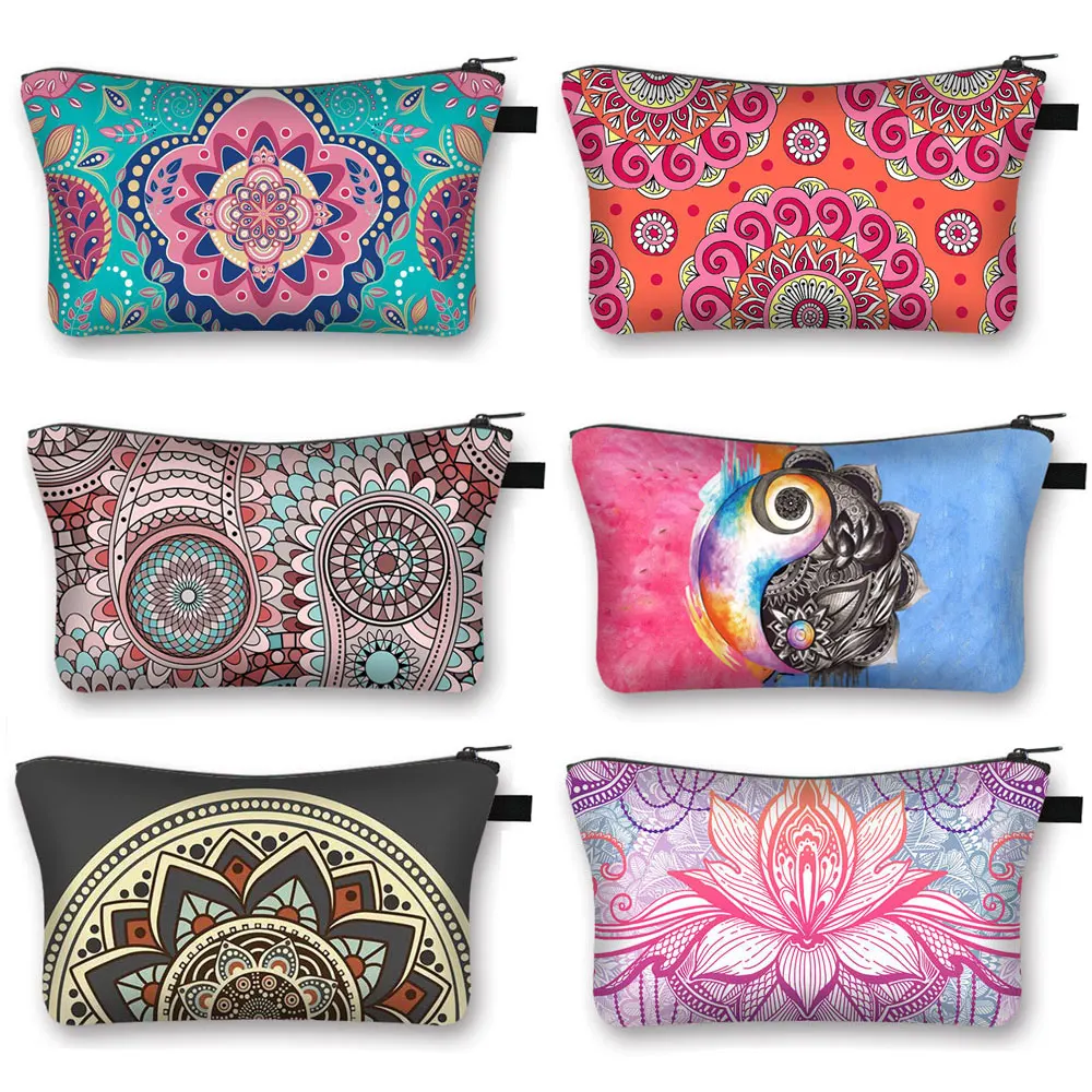 Мандала Цветочный принт косметички Для женщин Макияж сумка женская разноцветным