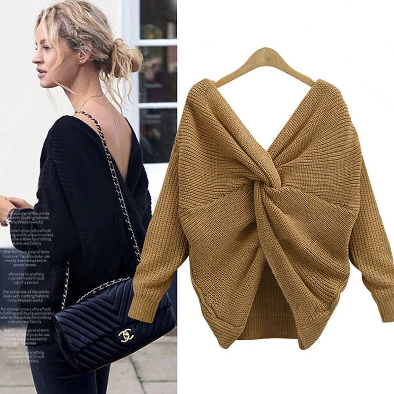 

Женский свитер с V-образным вырезом, элегантный Однотонный свитер с длинным рукавом, Европейский свитер с перекрестными углами, Новое посту...