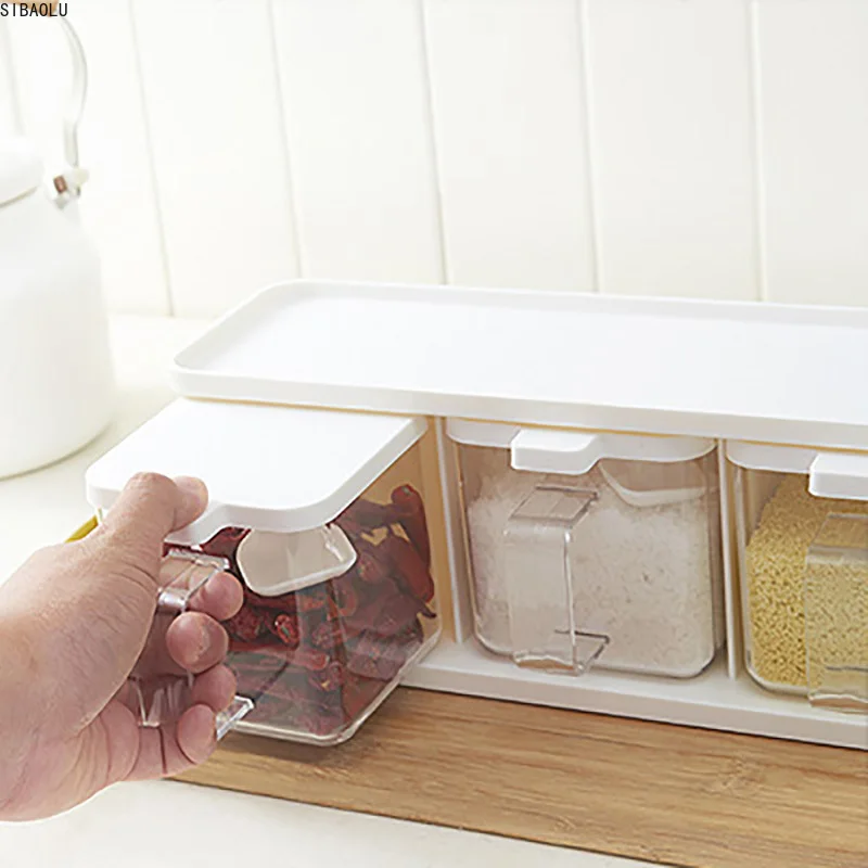 

New Spice Rack 3 Grids Spoon Kitchen With Lid Container Seasoning Box Herb Spices Storage Condiment Jar Cooking Seasoning Box