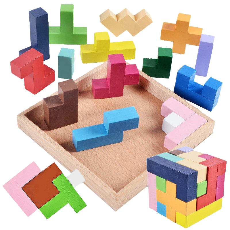 

Kids 3-Dimensional Cube Tetris Tangram Jigsaw Puzzle Toys Montessori Educational Wooden Toy Brain Teaser Games Toys For Children