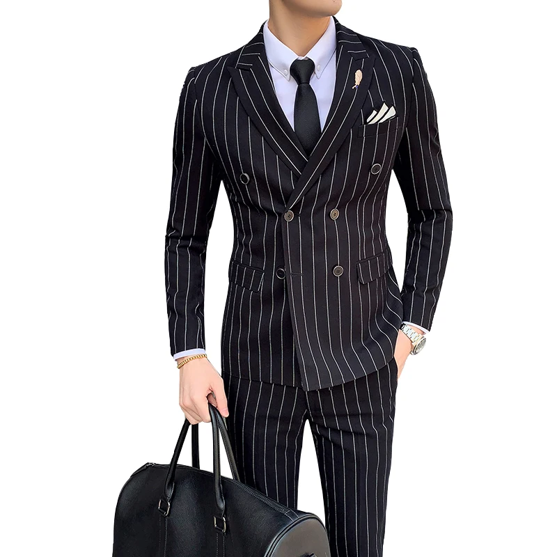 

( Jacket + Vest + Pants ) Fashion Striped Formal Business Mens Suit 3-Piece Set Groom Wedding Dress Show Suit Black/Grey/Navy
