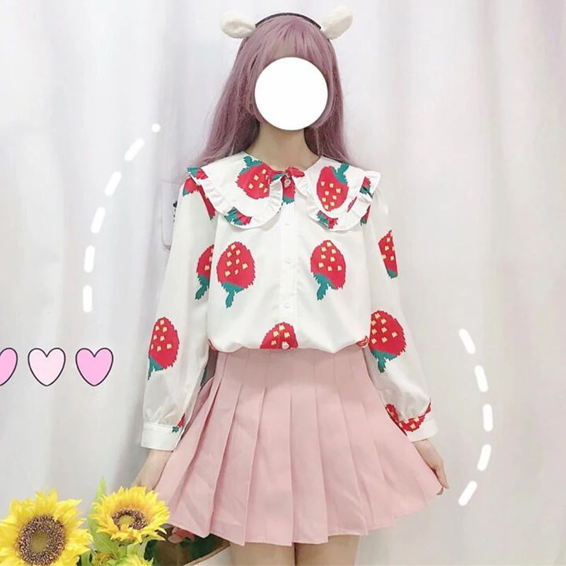 Милая женская блузка с клубничным принтом милая Свободная рубашка воротником