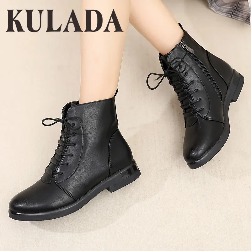 Женские ботильоны на шнуровке KULADA Черные Водонепроницаемые ботинки низком