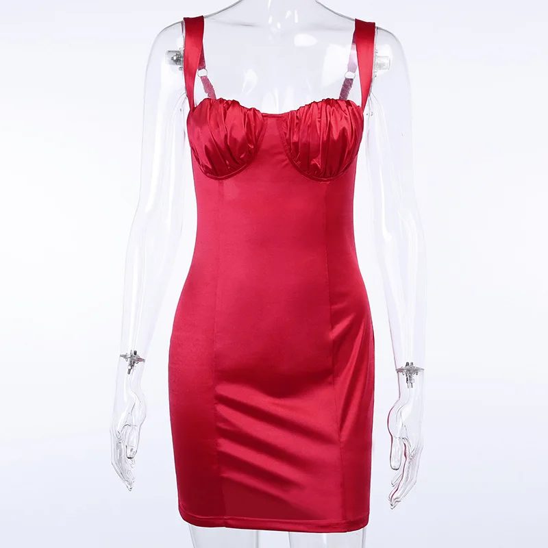 Женское атласное платье мини WannaThis черное облегающее шелковое на тонких