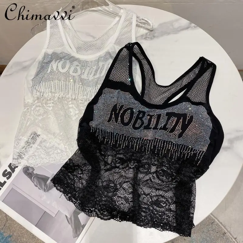 

Женская обувь с надписью Повседневная Спортивная майка 2021 Лето Стразы платье-майка с кружевом Топ женский сплошной Цвет пикантные открытые...