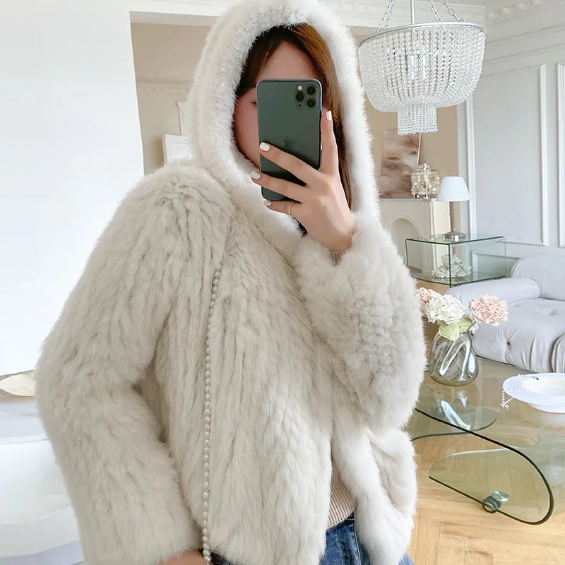 Natural Rabbit Fur Women Winter Hooded Coats Hand Made Double-sided Knitted Short Female Fashion Solid Fur Overcoats 3 Colors enlarge