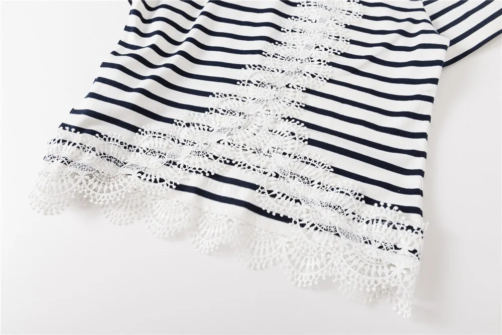 

Women T-shirt Back Split Lace Stitching Lady Short-sleeved Tee Top Striped Solid Color Female Vacation T Shirts New