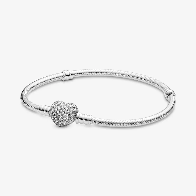 

Real 925 Sterling Silver Sparkling Heart Pave Clasp Snake Chain Europe Bracelet Fit Charms Bangle DIY Jewelry Gift For Women