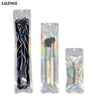 long style one side clear holographic ziplock plastic bag retail packaging laser silver cosmetic tools zipper bag with hang hook