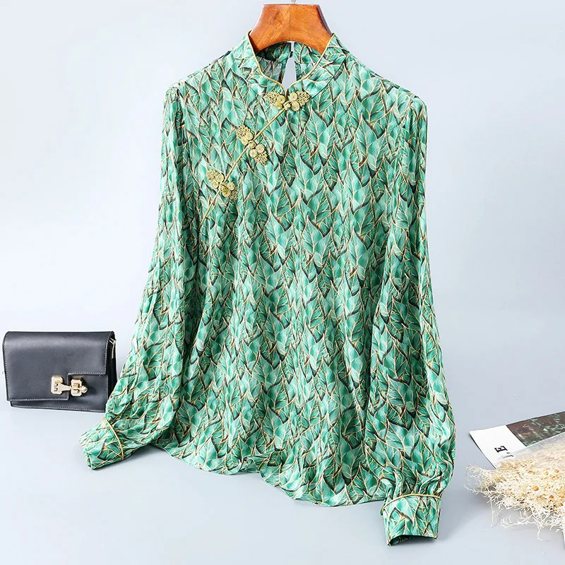 

New silk shirt Printed silk long sleeve shirt collar female button after GuSang silk blouse 2020 spring temperament