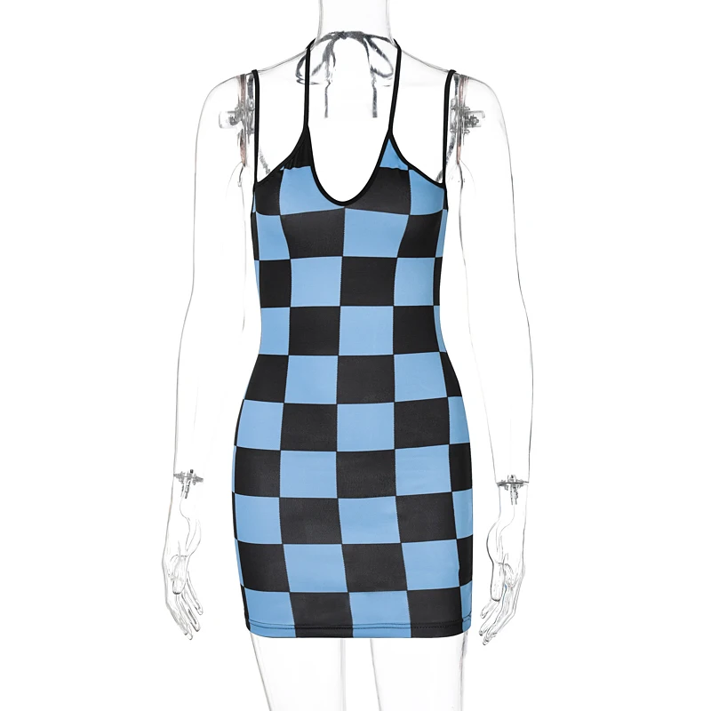 

Plaid Checkerboard Women Halter Mini Dress Bodycon Sexy Streetwear Party Club Elegant 2021 Summer Clothes Festival Slim