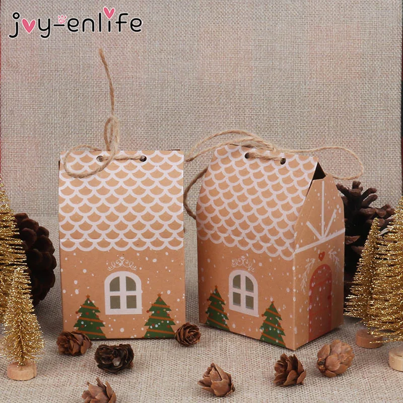 

10pcs House Shape Christmas Paper Boxes Candy Gift Boxes Food Cookie Packing Bag 2022 Christmas Party Gift Decoration Natal