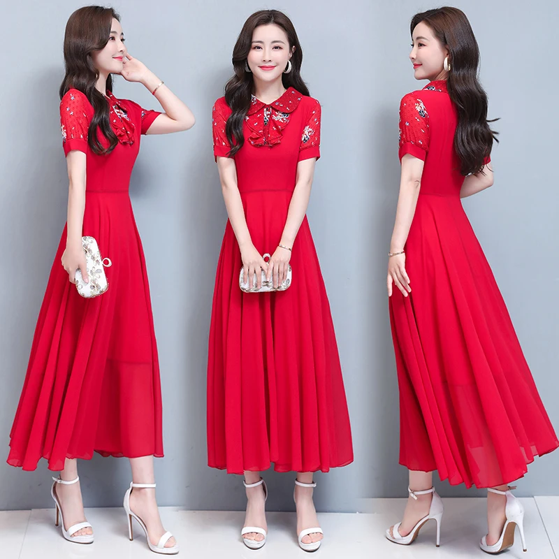

2021 Summer beach dress for women New Elegant Peter Pan Collar Bow Collar Short Sleeve Women Long Chiffon Dress Plus Size M-3XL