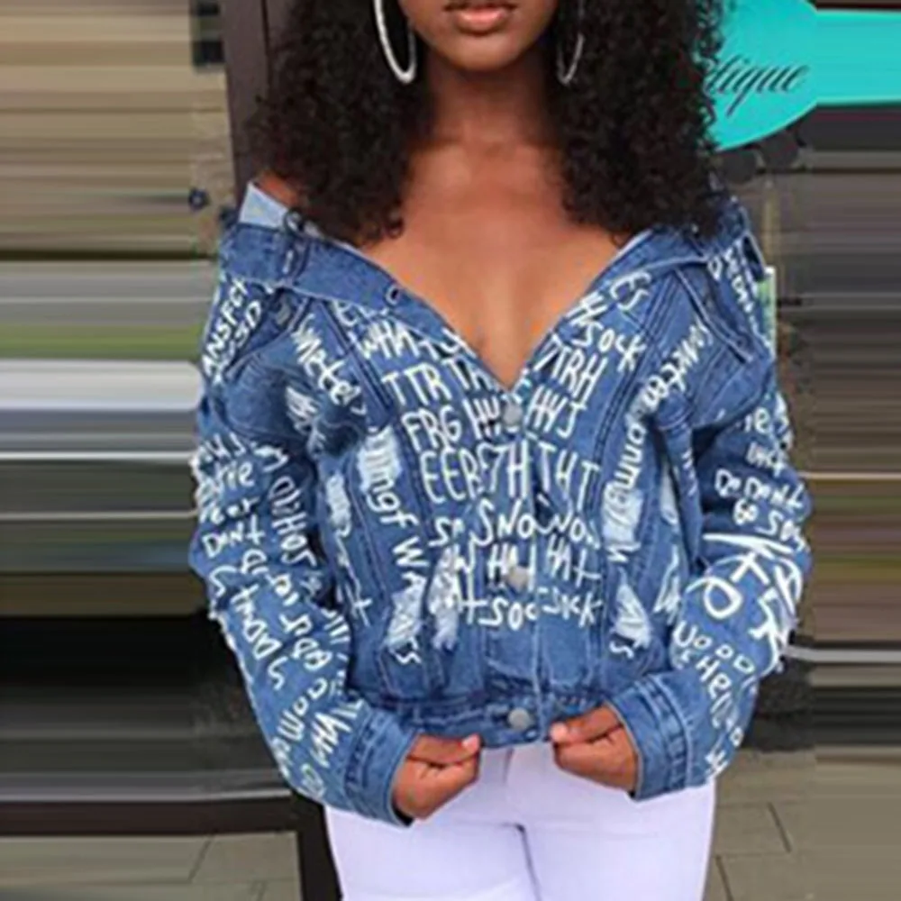 Винтажные потертые джинсы с буквенным принтом женская куртка осень 2020 зима