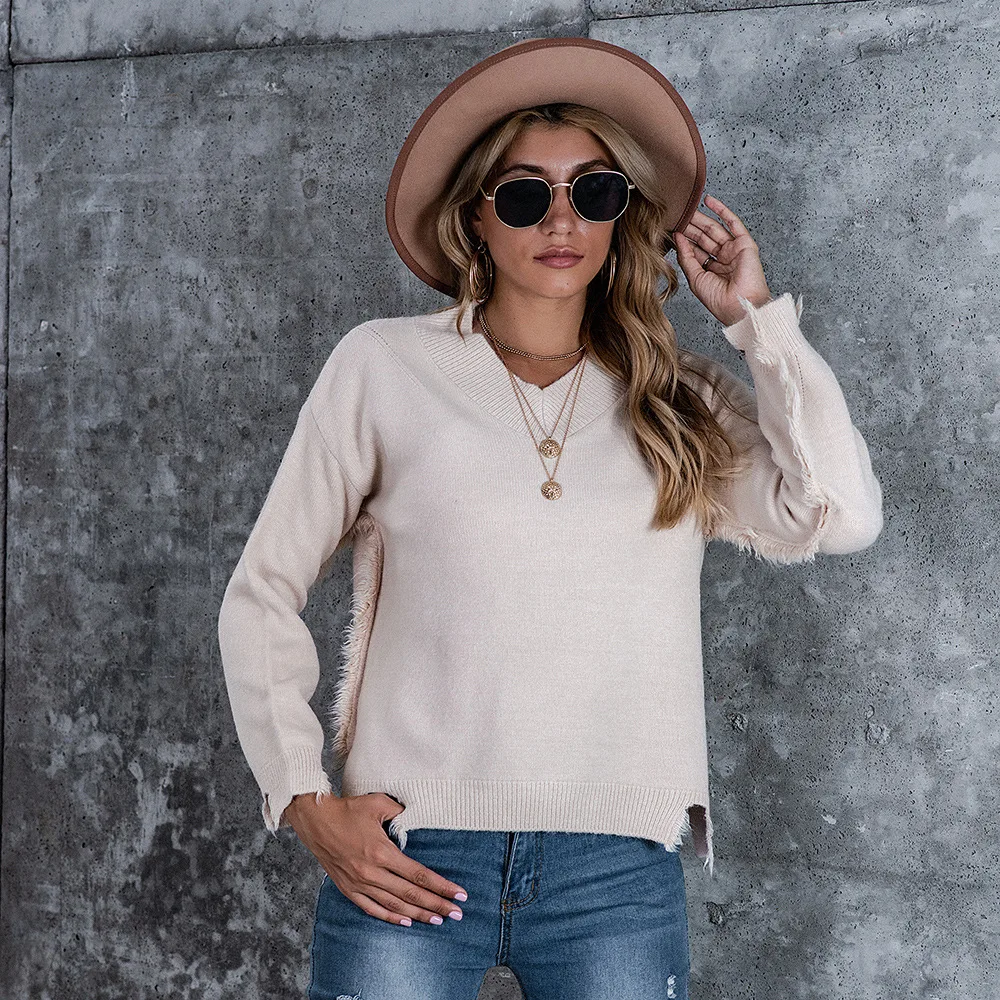 

Женский трикотажный пуловер, Однотонный свитер с длинным рукавом и V-образным вырезом, Осень-зима
