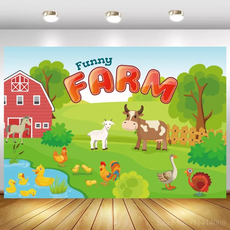 

Farm Theme Photography Backdrops Red Barn Green Grassland River Tractor Animals Photo Background Kids Birthday Party Backdrop