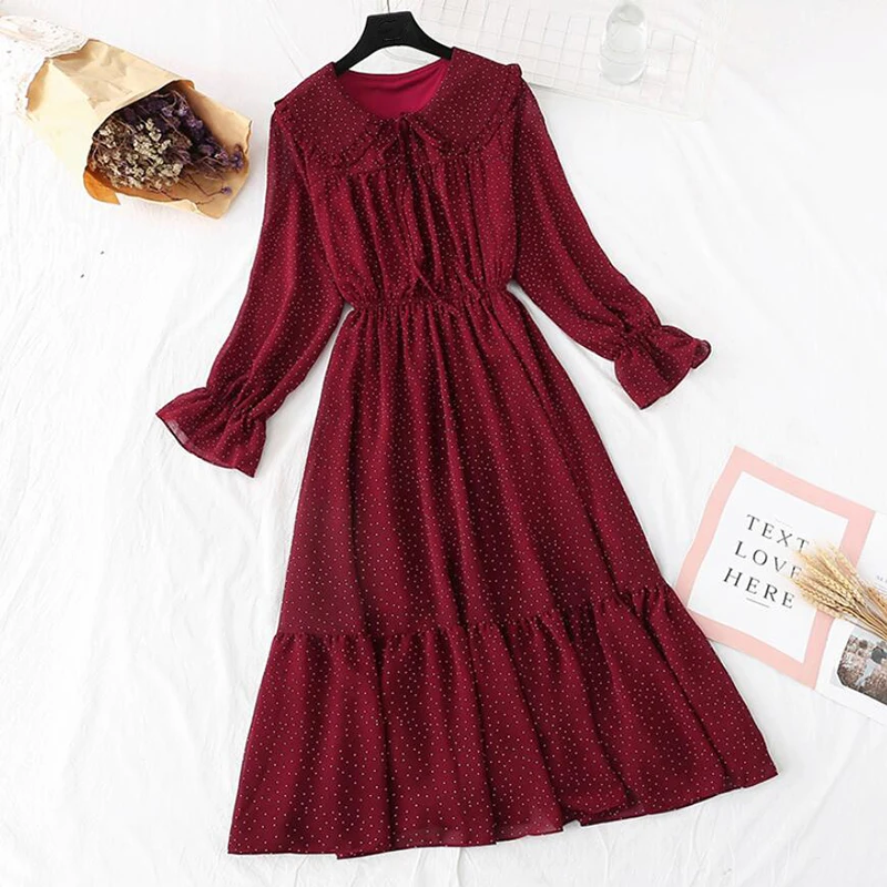 

Sweet Polka Dot Printed Chiffon Dress Women Vintage A-line Flare Sleeve Doll collar Ruffled Dresses 2020 Spring Summer Dress