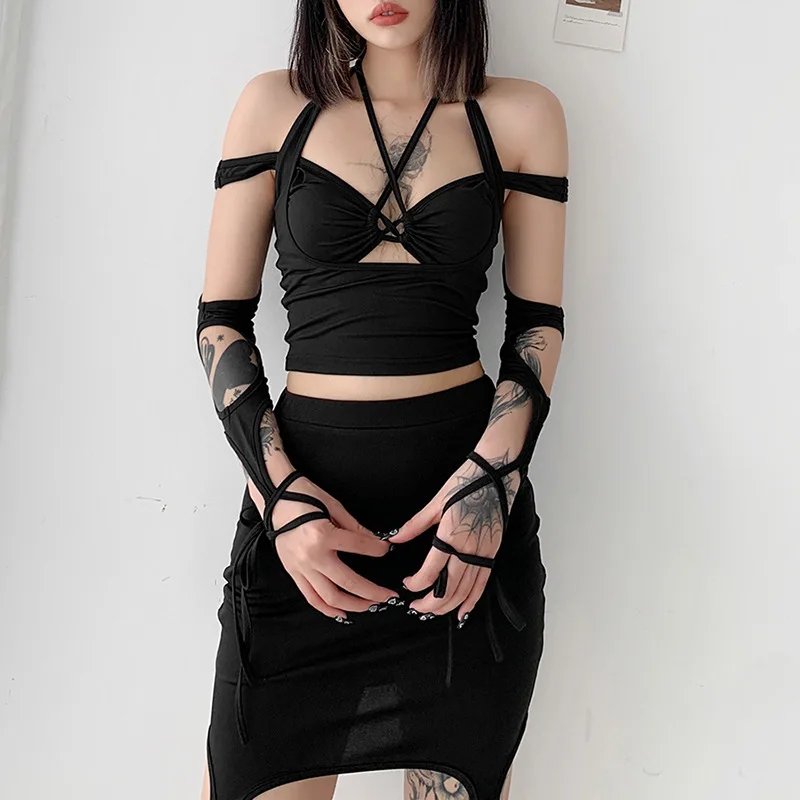 

Summer Women T-Shirt Street Sexy Slim Trendy Strappy Hollow Hanging Neck Solid Color Female Tank Tops Casual Fashion 2021 New